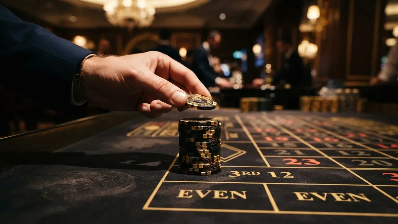 En hånd placerer en casinobrik ved siden af en stak jetoner på et spillebord.