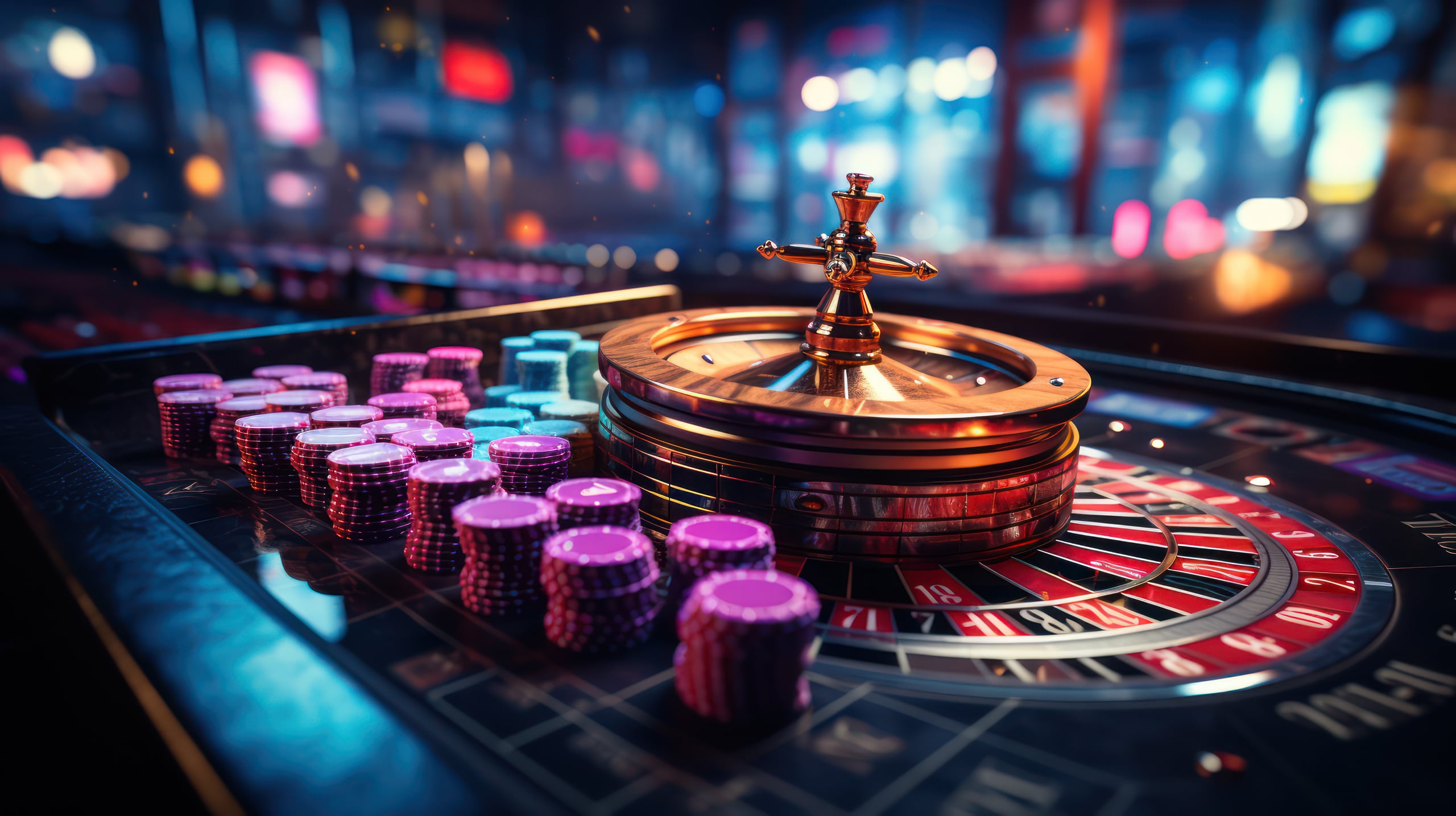 Roulettehjul og stakke af farvede chips på et mørkt casinobord med neonlys